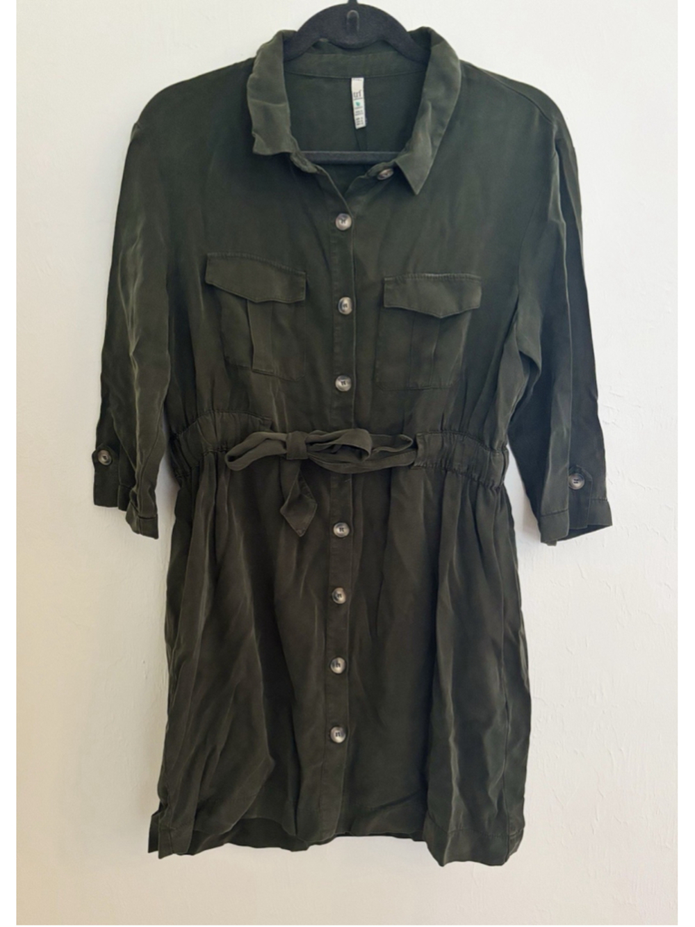 Zara Olive Green Belted Utility Button Dress Lyocell Women's Sz XL Gorpcore